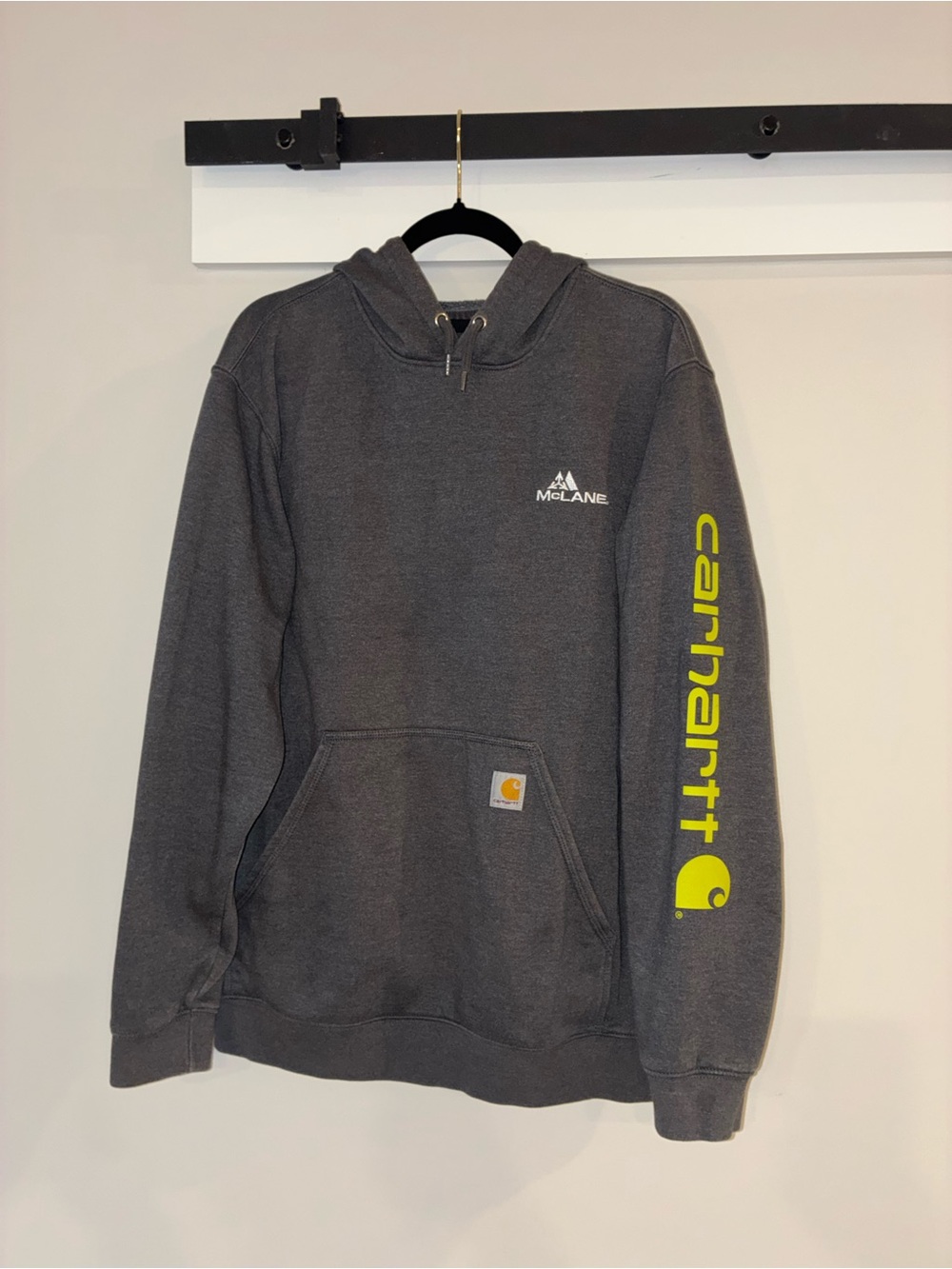 Carhartt Men's Gray Crewneck Hoodie with Neon Yellow Sleeve Logo